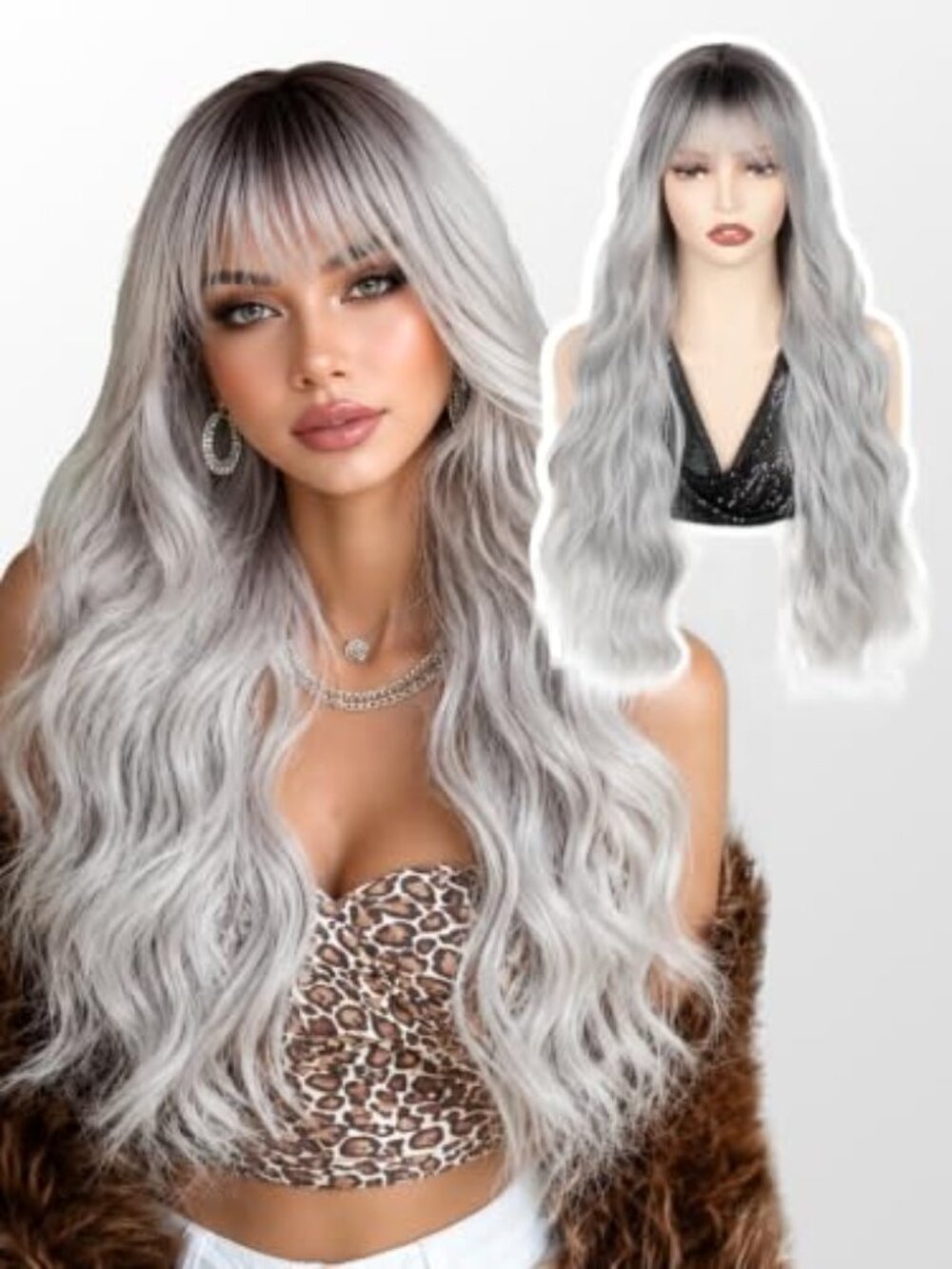 Silver Grey Wavy Wig with Bangs for Women Long 26 Inch Synthetic Heat Resistant